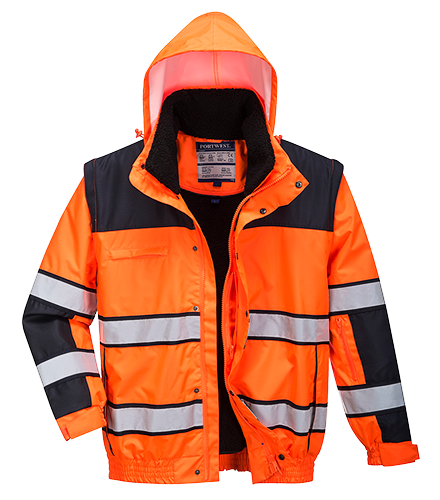 Blouson réfléchissant 3 en 1 orange/noir C466 - manches amovibles, capuche amovible, certifié CE, XS-4XL_0