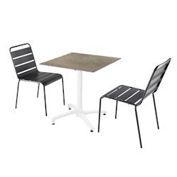 Oviala Business - Ensemble table de terrasse stratifié marbre beige avec 2 chaises en métal gris - Référence 110789_0