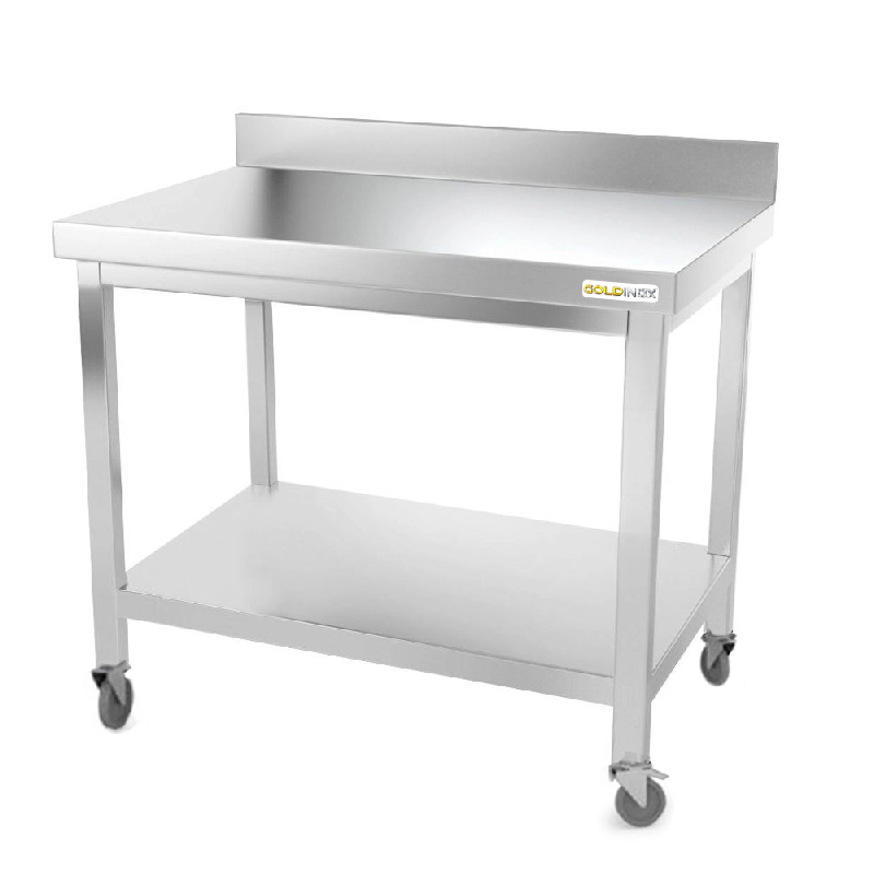 Table de travail en inox 1200 x 500 mm adossée sur roulettes PREMIUM / GOLDINOX - inox 3701770802494_0