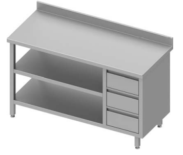 Table inox de travail adossée avec trois tiroirs  à droite et deux étagères 1400x800x900 - 930418140_0