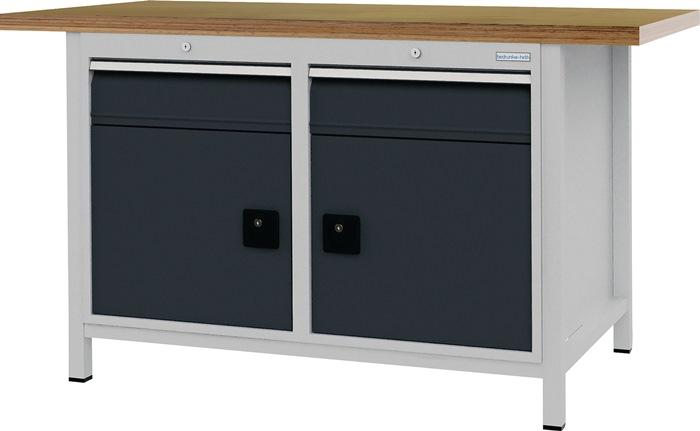 Établi gris anthracite RAL 7016 - L1500 x H859 x P750 mm - Plateau hêtre multiplex 40 mm - 2 tiroirs, 2 portes - BEDRUNKA+HIRTH_0