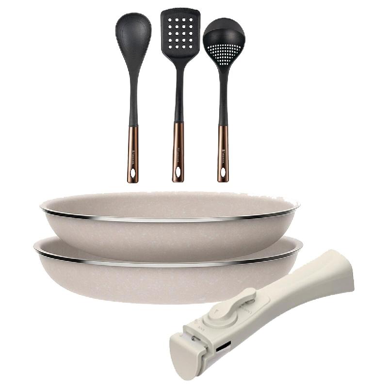 BERGNER - Ensemble 2 Poêles Ø24/28cm aluminium Pressé Antiadhésif avec Manche Amovible avec Ensemble 3 Ustensiles de cuisine en PBT noir et cuivre_0