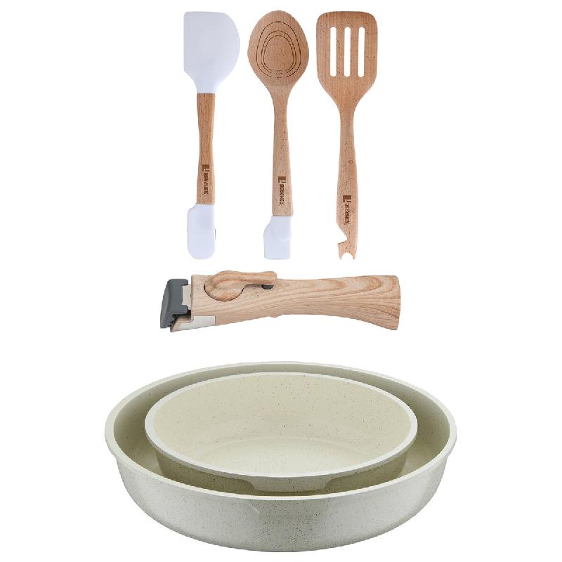 BERGNER - Jeu de 2 Poêles Ø22/26cm en Aluminium Coulé Blanc avec Manche Amovible avec Set 3 Ustensiles en Silicone et Bois - PK9761_0