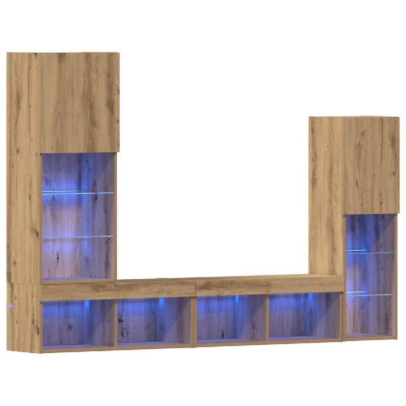 Helloshop26 - Meuble TV mural moderne 190,5 x 30 x 132 cm avec éclairage LED ambiance cosy en bois d'ingénierie chêne artisanal 02_0055928 - Bois m_0