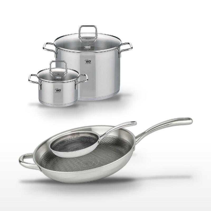 Lot 2 Faitouts 20cm & 26cm et 2 Poêles 24cm & 32cm Elo Relief Evolution - gris inox 3176239957198_0