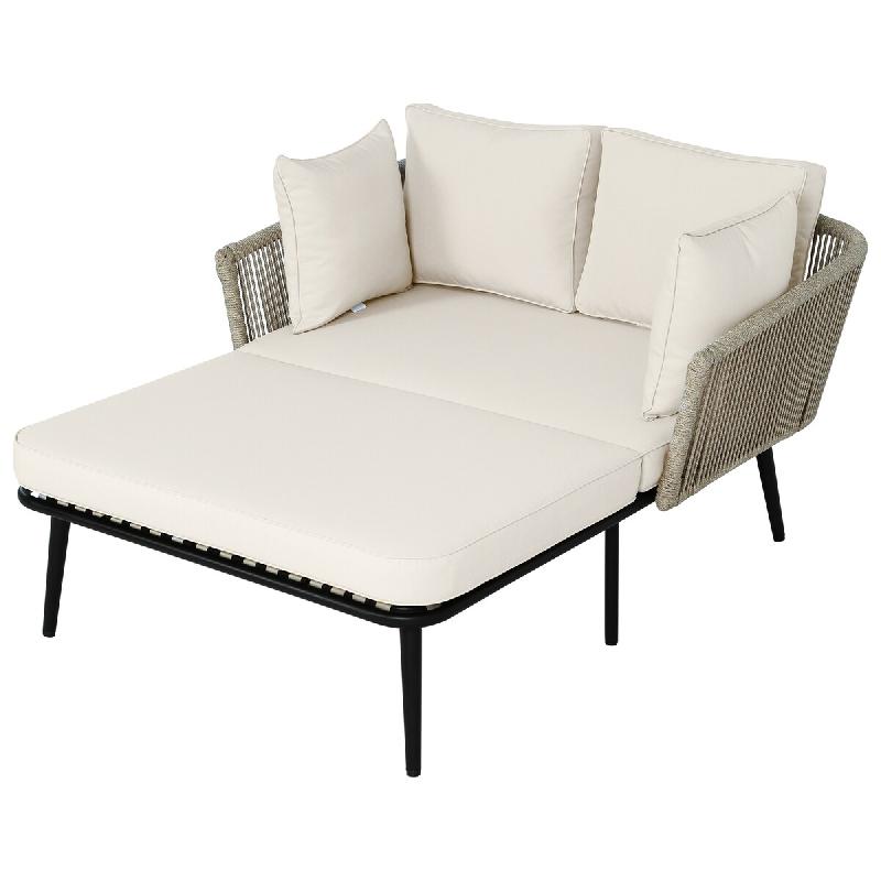 Merax salon de jardin, canapé 2 places avec coussins et tressage corde, extérieur, beige - beige métal 3171412AAK_0