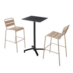 Oviala Business Ensemble table haute stratifié noir et 2 chaises hautes taupe - gris 110532_0