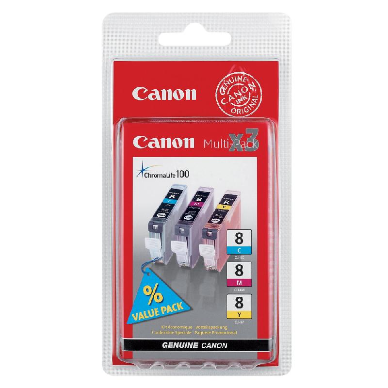 PACK 3 CARTOUCHES CANON CLI 8 COULEURS POUR IMPRIMANTES JET D'ENCRE