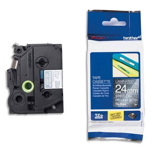 RUBAN BROTHER TZE-PR955 - LAMINE - 24 MM X 8 M - BLANC SUR FOND ARGENT PREMIUM
