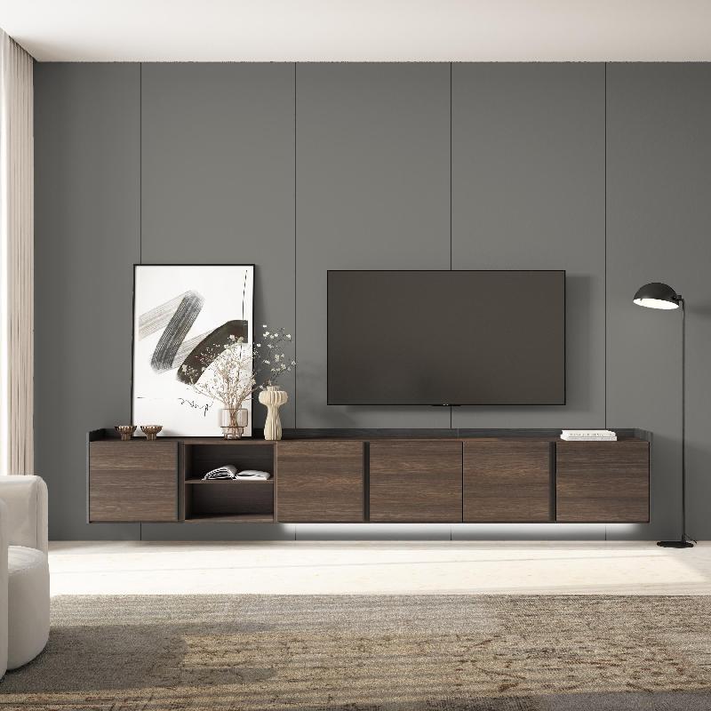 SKRAUT HOME - MEUBLE TV EFFET BOIS DE CHÊNE FONCÉ ET NOIR 309X35X50CM SUSPENDU