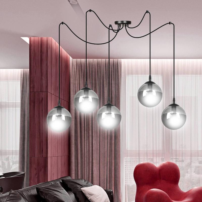 EMIBIG LIGHTING SUSPENSION GLASSY, À 5 LAMPES, DÉCENTRÉE, NOIR, GRAPHITE