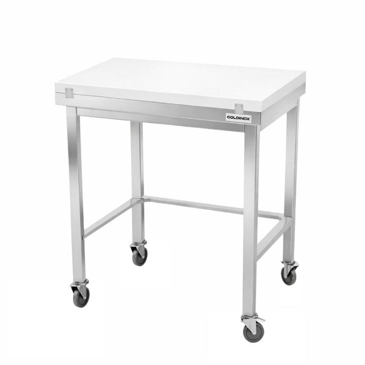 Table de travail en inox 600x500 mm avec plaque de découpe blanche et renfort sur roulettes PREMIUM - GOLDINOX - gris inox 3701770842698_0