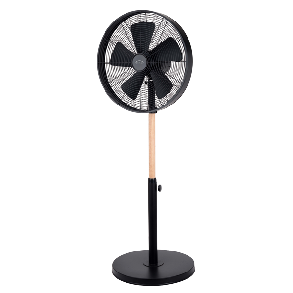 VENTILATEUR SUR PIED RÉTRO AJUSTABLE INCLINABLE 50W 3 VITESSES DOMAIR - Ø 40 CM - NOIR ET BOIS