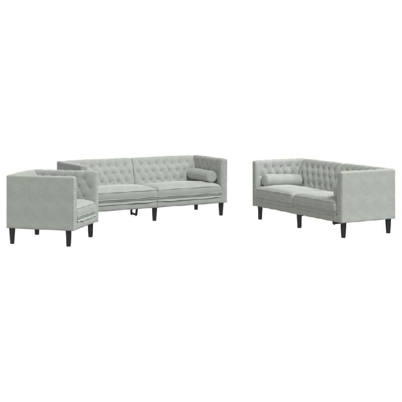 VidaXL Ensemble de canapé Chesterfield et traversins 3 pcs gris clair Modèle Tervélis - 3209281_0