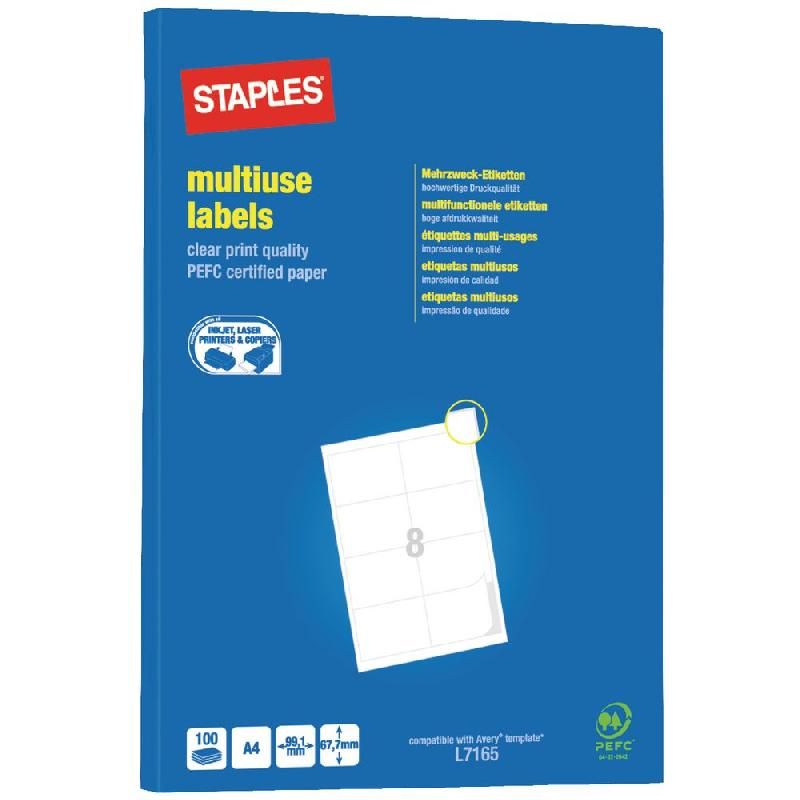 STAPLES ETIQUETTE MULTI-USAGES BLANCHE - STAPLES - 67,7 X 99,1 MM - BOÎTE DE 800 ÉTIQUETTES