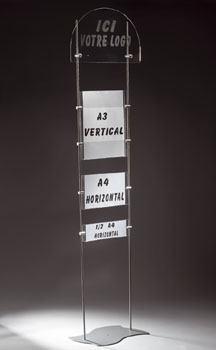 Support plexiglass totem signalétique - personnalisable avec porte-feuillets A3, A4 et 1/2 A4 - tiges inox et bandeau_0