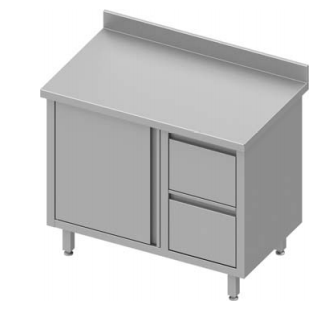 Meuble bas table de travail inox adossée avec deux tiroirs  à droite portes battantes 1000x600x900 - 930316100_0