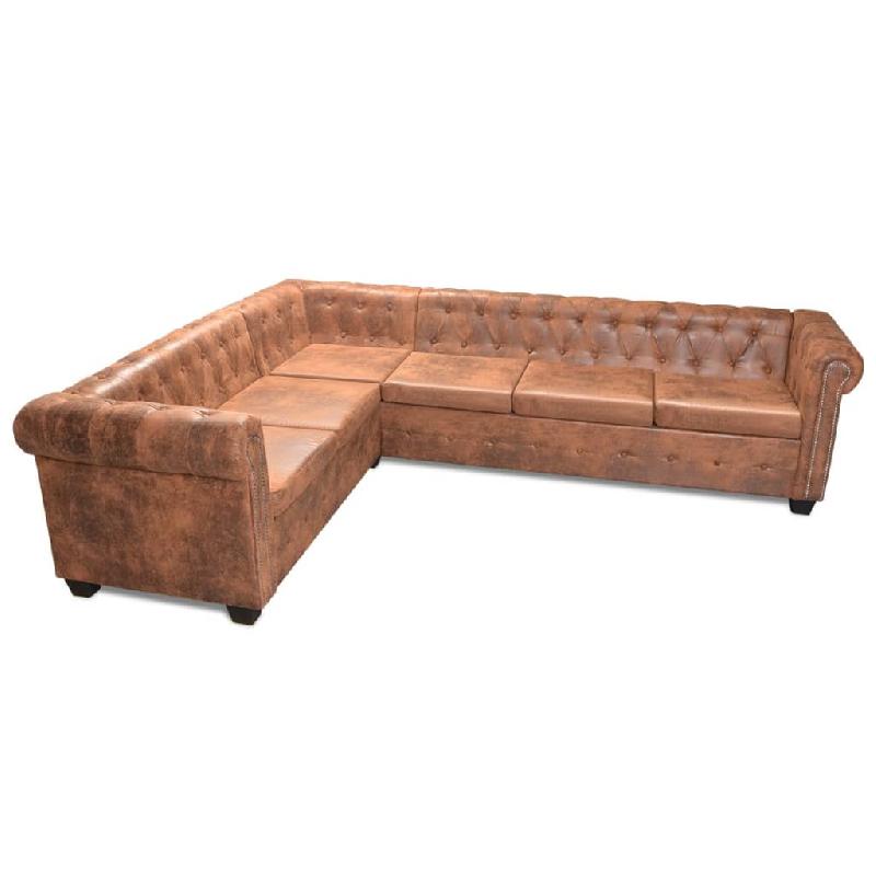 CANAPÉ D\'ANGLE CHESTERFIELD 6 PLACES CUIR ARTIFICIEL MARRON 02_0020241_0