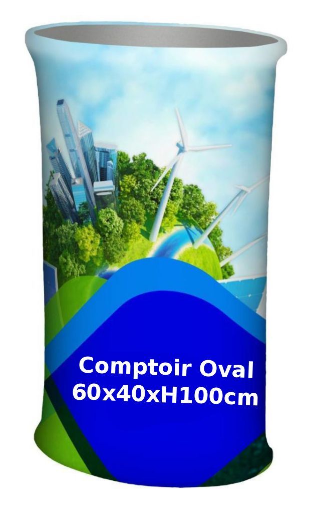 Comptoirs de stand pliable ovale en tissu - Format 60x40cm - Hauteur 100cm - Packs avec structure, tissu imprimé et accessoires_1