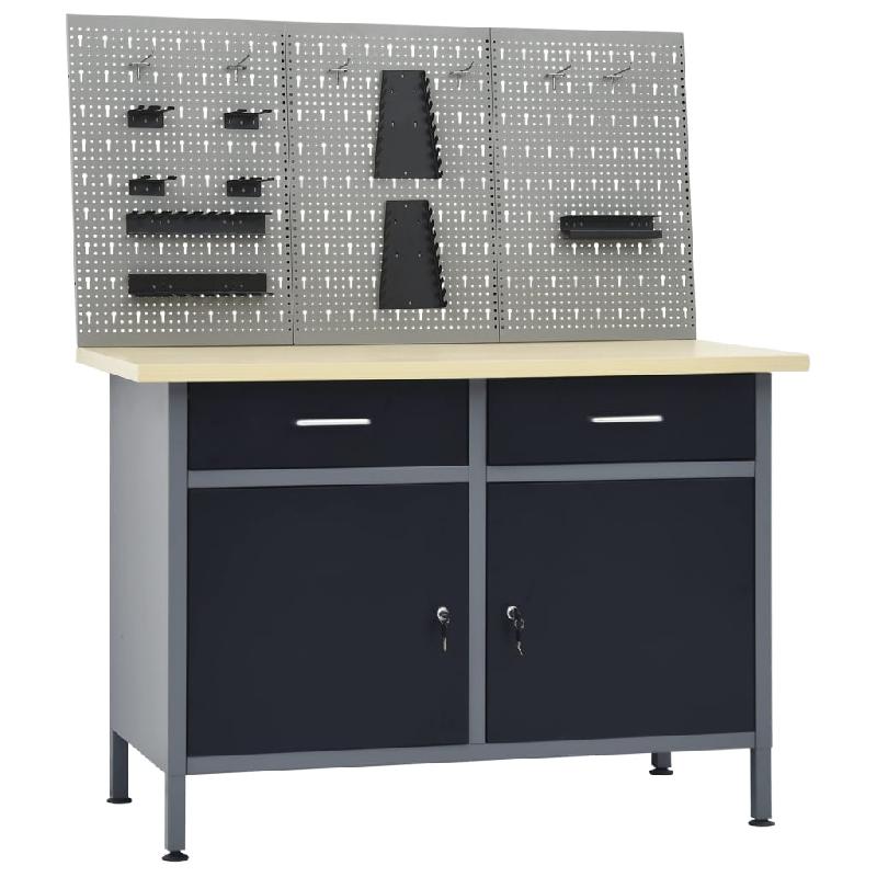Établi 120 cm - 3 panneaux muraux, 1 armoire atelier, table de travail robuste gris/noir - 500 kg - 02_0003658_0