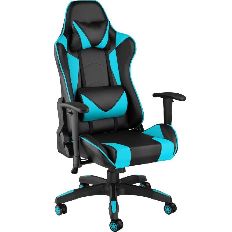 Fauteuil de bureau - Chaise siège sport gamer noir/azur - Réglable, coussins lombaire et tête inclus_0