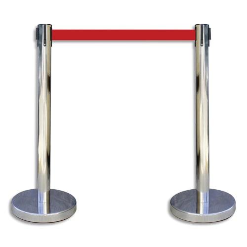 Viso kit de 2 poteaux chromés h91 cm avec sangle rouge rétractable 2 mètres, en polypropylène et inox_0