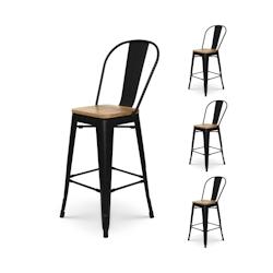 Kosmi Tabouret de bar en métal noir mat style industriel avec dossier haut et assise en bois clair - Hauteur 66cm - noir 3760301696803_0