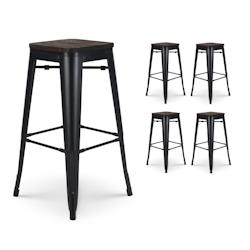 Kosmi Lot de 4 tabourets de bar en métal noir mat style industriel et assise en bois foncé - Hauteur 76 cm - 3770012198947_0