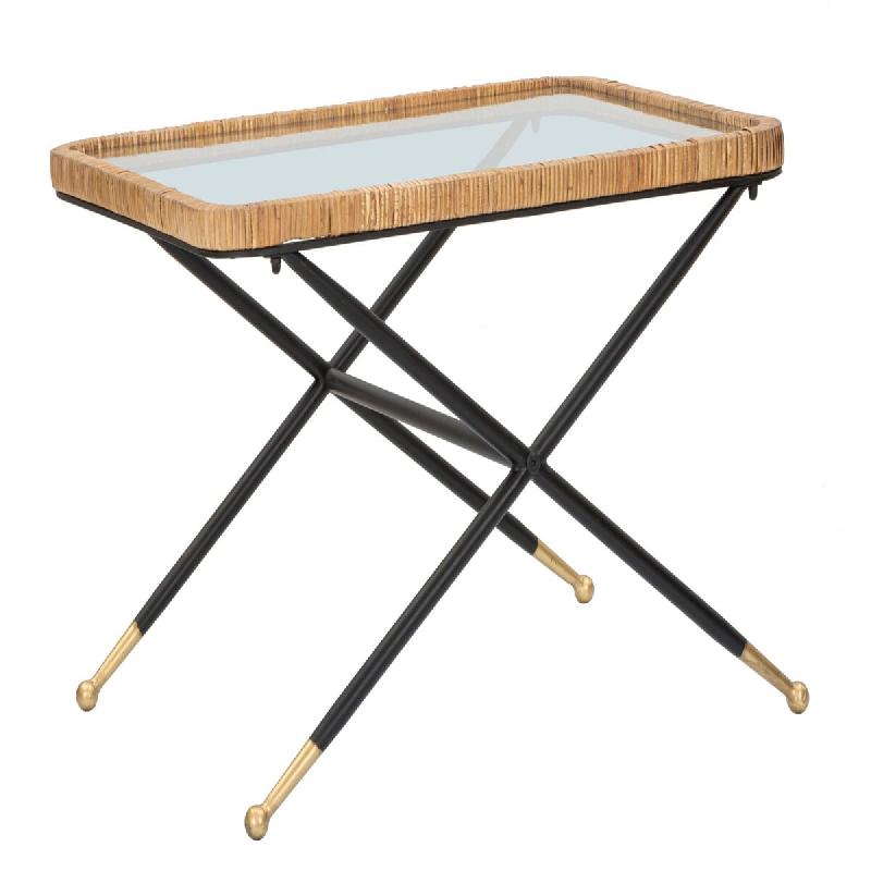 Mauro Ferretti Table Basse Rectangulaire Saint Barth 70 X 50 X 45 Cm En Métal, Verre Et Rotin - Finition Dorée Et Style Bohème Chic - multicolore 1_0