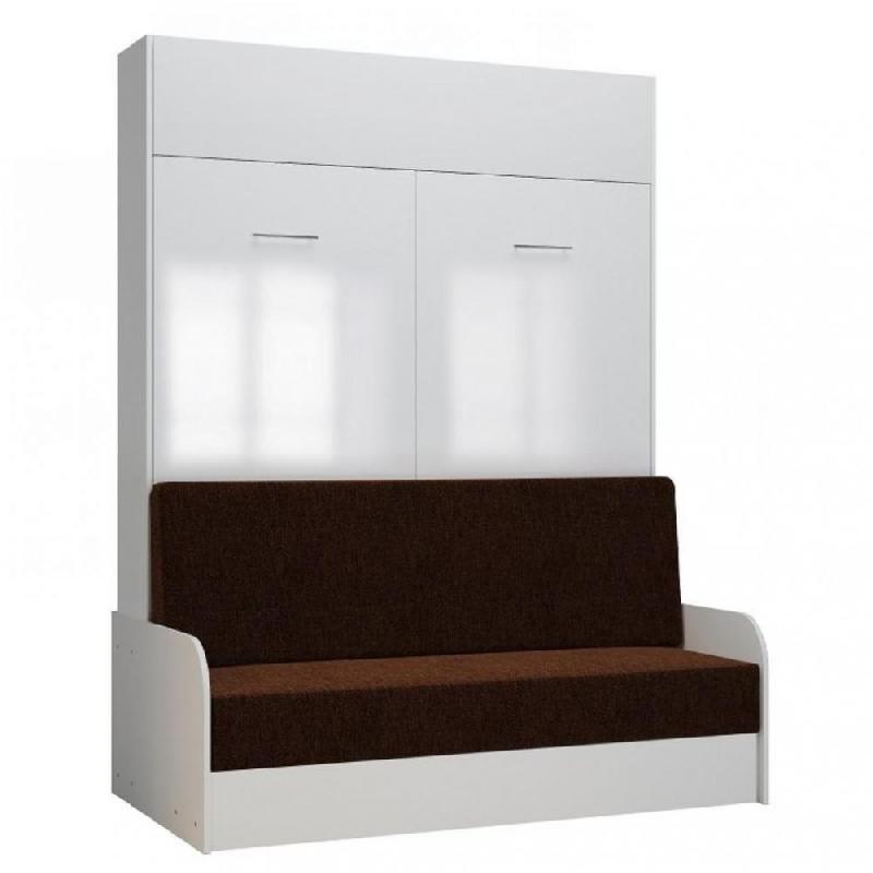 ARMOIRE LIT ESCAMOTABLE DYNAMO SOFA ACCOUDOIRS FAÇADE BLANC BRILLANT CANAPÉ MARRON 140*200 CM_0