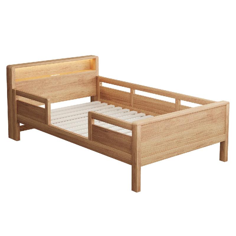 Merax Lit en bois 90x200 cm, lit simple coloris bois naturel avec lampe LED, USB et Type-C, rangement de tête et sommier - multi-matériau LD000342AAN_0