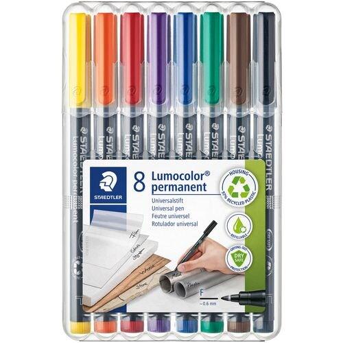 Staedtler Lumocolor 318, Feutres permanents à pointe fine pour toutes les surfaces, Sans xylène ni toluène, Set de 8 couleurs lumineuses, Pointe og_0