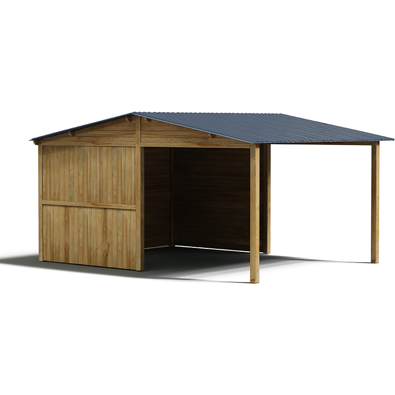 Abri de stockage / structure en bois / toiture en bacacier / bardage en bois / ancrage au sol avec platine / 3 x 3 m_0