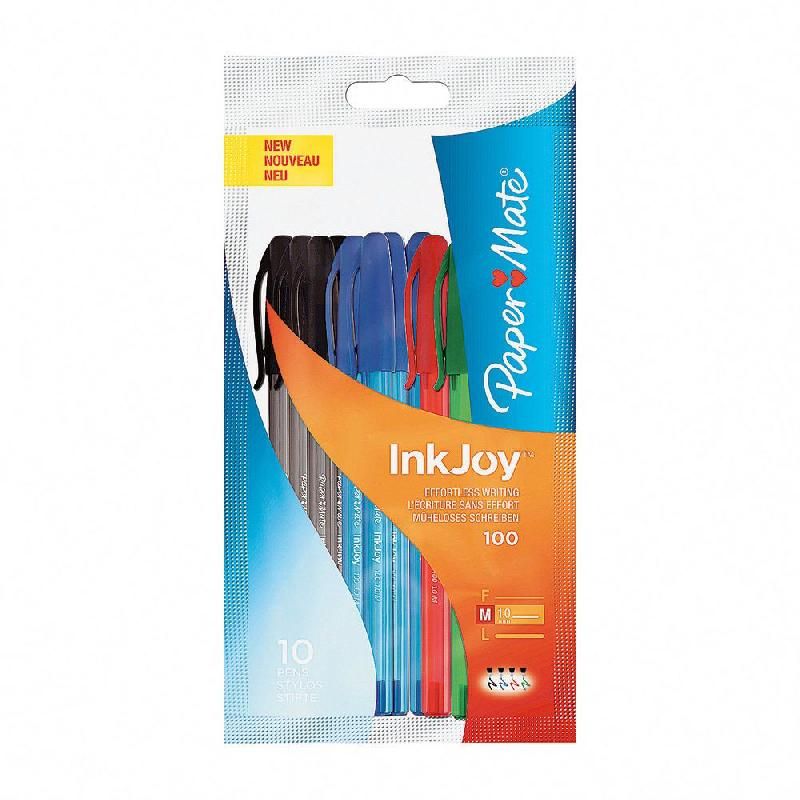 PAPER MATE STYLO BILLE INKJOY™ 100 COULEURS ASSORTIES (NOIR, ROUGE, BLEU, VERT) 1,0 MM LOT DE 10