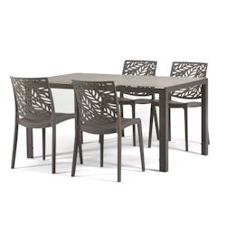 RATTATAN Ensemble salle a manger aluminium taupe avec 4 chaises en polypropylène taupe empilables et plateau effet pierre – MILO+DAFNE Taupe/Taupe/_0