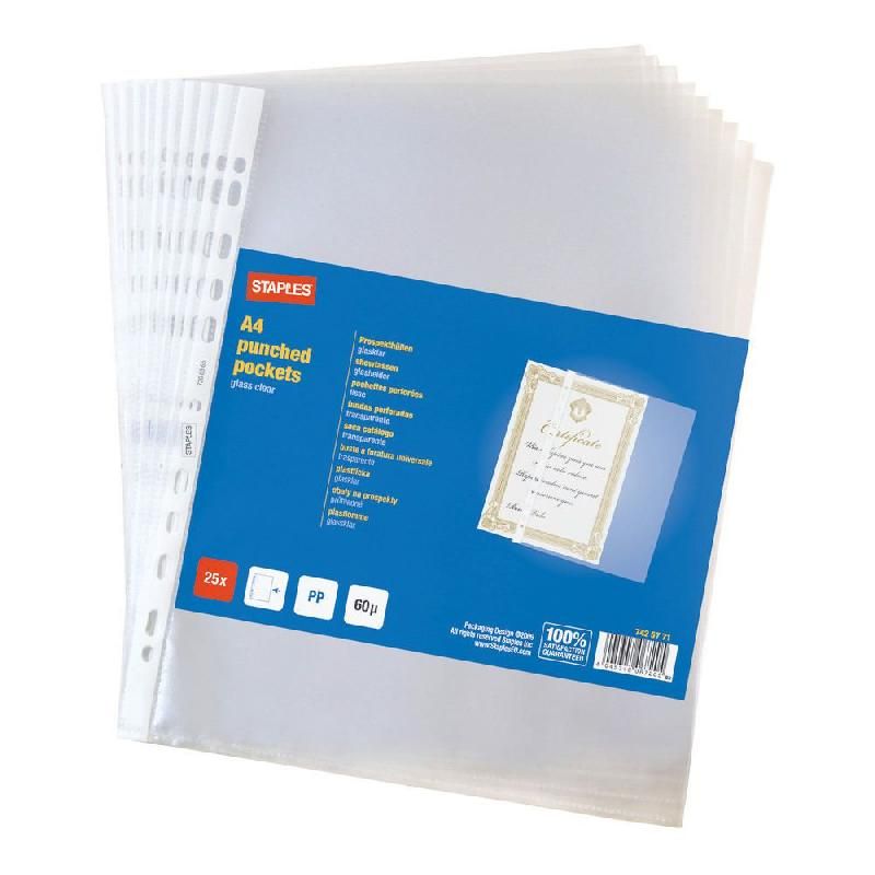 STAPLES POCHETTE PERFORÉE QUALITÉ STANDARD STAPLES - POLYPROPYLÈNE 6/100E TRANSPARENT - OUVERTURE CÔTÉ (LOT DE 25)