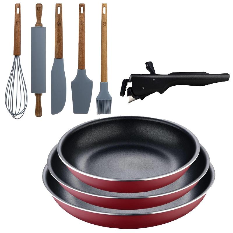 BERGNER - Ensemble de 3 poêles Ø18/20/24 cm aluminium embouti rouge avec poignée amovible et ensemble de 5 ustensiles de cuisine en silicone et boi_0