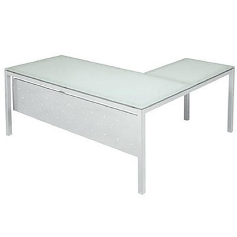 BUREAU DIRECTION DROIT DELUX - L. 180 X P. 80 CM - PLATEAU VERRE AIGUE MARINE - 4 PIEDS CHROMÉ