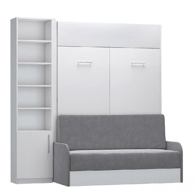 Composition lit escamotable Dynamo Sofa - Blanc mat - Canapé accoudoirs gris avec colonne bibliothèque 140x200 cm_0