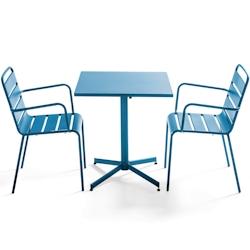 Oviala Business Ensemble table de terrasse carrée et 2 fauteuils métal bleu pacific - Oviala - bleu acier 106007_0