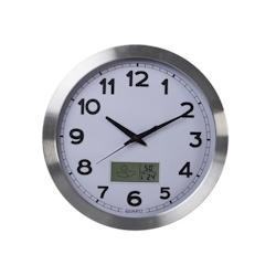 Perel Horloge murale, rond, analogique, 35 cm, écran LCD avec thermomètre, hygromètre et provisions météo, aluminium, argent - 432651_0