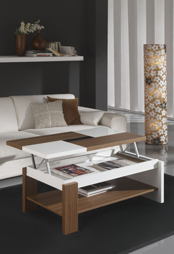 Table basse relevable blanc et noyer contemporaine VIOLA - plateau modulable et rangement intégré_0