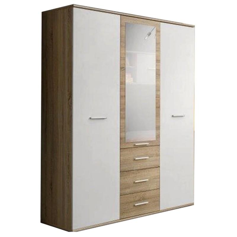 Armoire 3 portes Dino 191cm - Chêne & Blanc avec miroir, étagères et penderie - Paris Prix_0