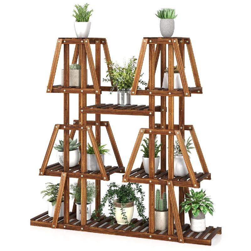 Helloshop26 - Support pour plantes en bois de pin 113 x 27 x 114 cm 10 étagères hautes et basses design trapézoïdal en marron 20_0019619 - 3000233_0