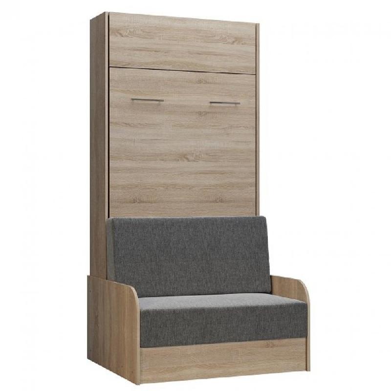 ARMOIRE LIT ESCAMOTABLE DYNAMO SOFA CANAPÉ ACCOUDOIRS CHÊNE NATUREL TISSU GRIS 90*200 CM_0