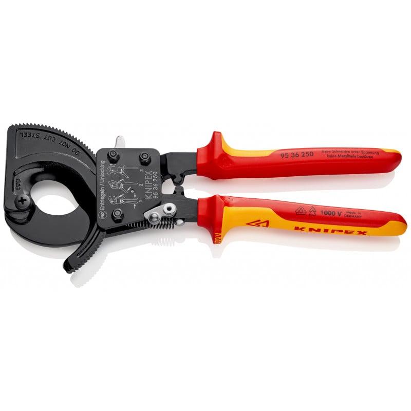 Coupe-câbles à cliquet 250mm - Cu/Al Ø32mm/240mm² - Gainage isolé 1000V - KNIPEX | 95 36 250 - Tranchants trempés et coupe nette_0