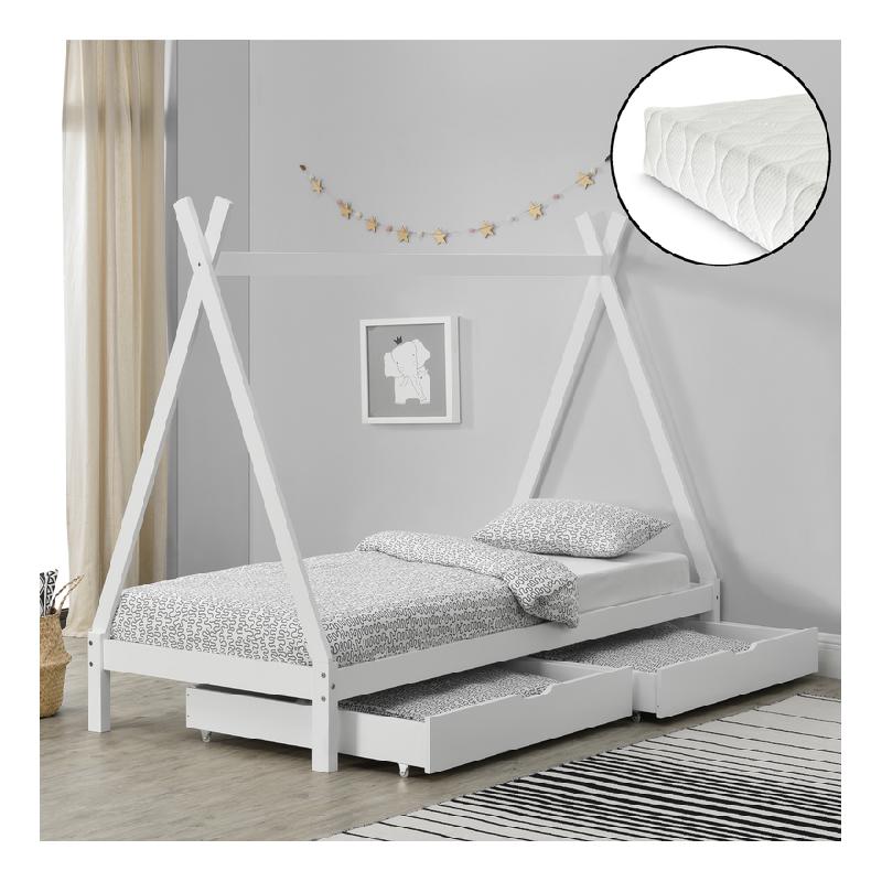 Tipi Lit Tipi pour Enfants 2 Tiroirs de Stockage avec Roulettes 90x200cm Pin Blanc 