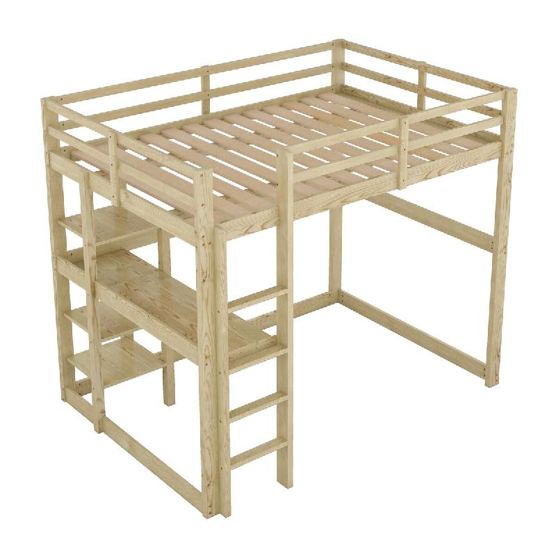 Merax Cadre de lit mezzanine avec espace de rangement, entièrement en pin, avec 4 compartiments de rangement et un plateau de bureau, natur 140x200 c_0