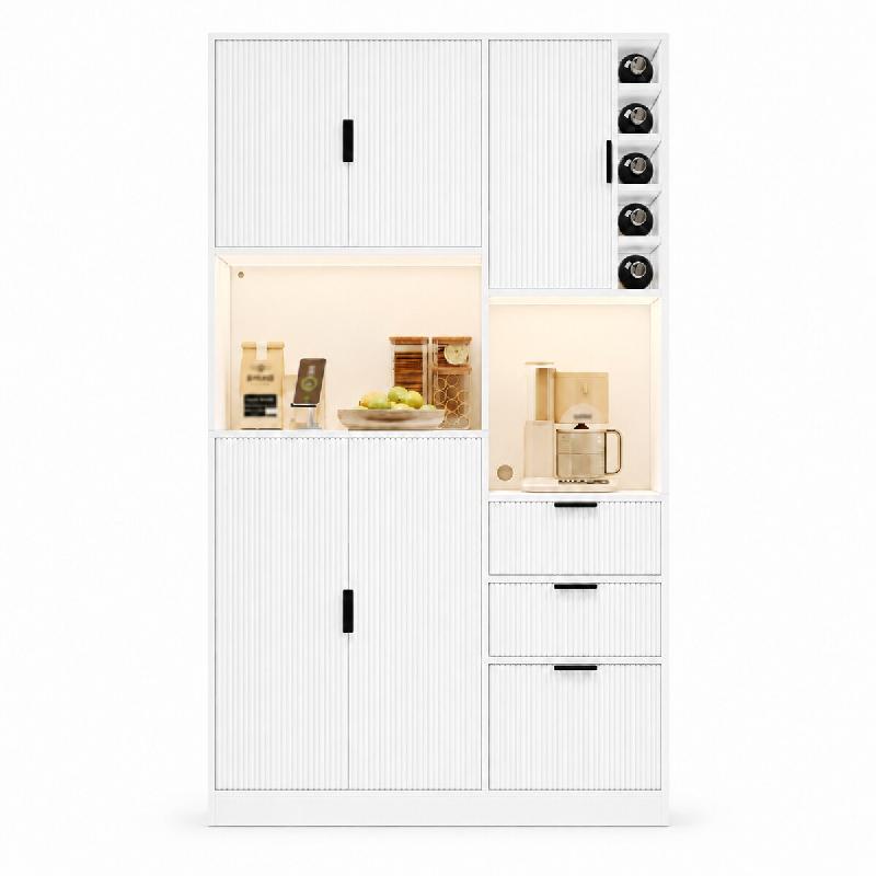 Merax Meuble de cuisine 105 x 40 x 180 cm avec LED et prises, buffet haut, 3 tiroirs, plateau, casier à vin et rangements, blanc - blanc Bois manufac_0