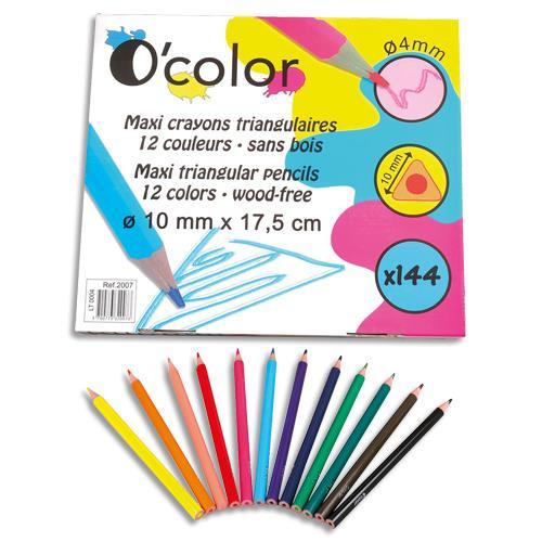 PACK DE 144 MAXI CRAYONS DE COULEURS O'COLOR EN RESINE TRIANGULAIRE - DIAMETRE 10MM, MINE 4MM - ASSORTIS